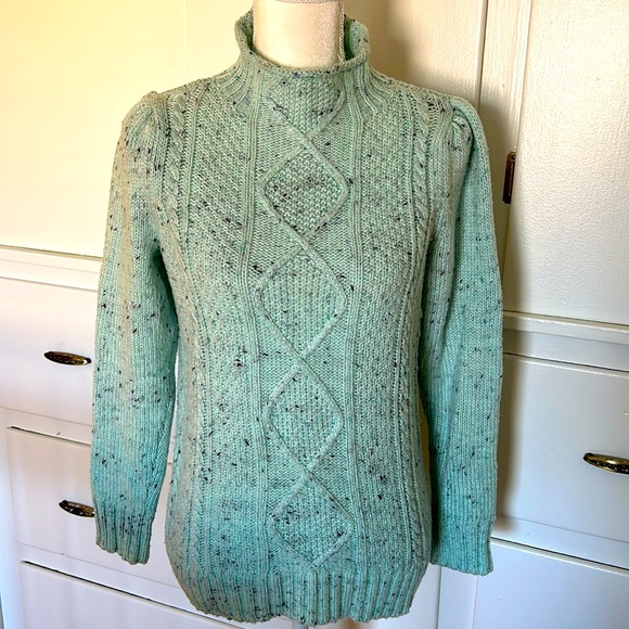 Talbots mock neck cable knit sweater.  Mint aqua color. Medium Petite. Speckled - Picture 2 of 10